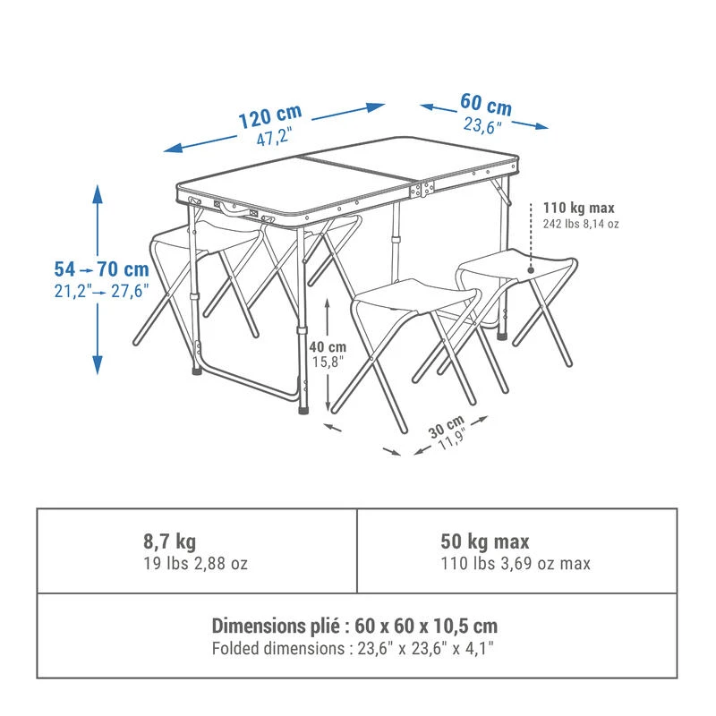 TABLE DE CAMPING PLIANTE - 4 TABOURETS - 4 À 6 PERSONNES Quechua TABLE DE CAMPING PLIANTE - 4 TABOURETS - 4 À 6 PERSONNES -Camping En Plein Air Boutique table de camping pliante 4 tabourets 4 a 6 personnes 1